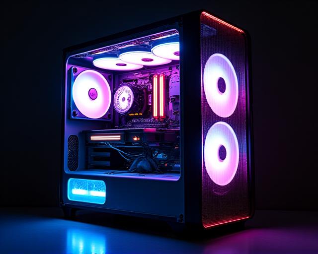 PC gaming assemblato con luci RGB e raffreddamento a liquido, mostra componenti interni eleganti e ben organizzati.